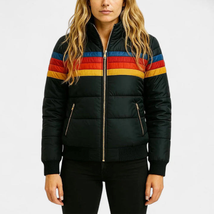 Claire | Womens Hooded Puffer Jacket Rainbow Stripes