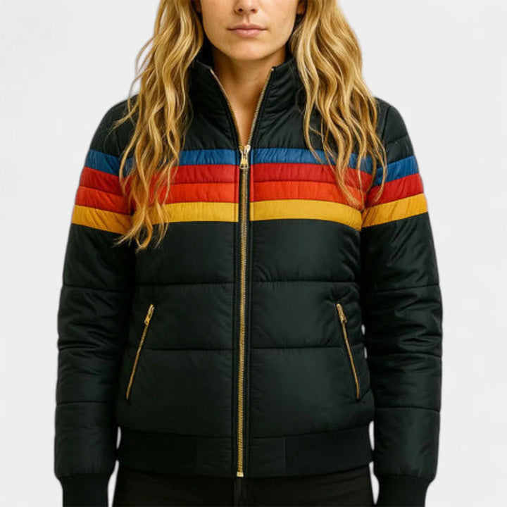 Claire | Womens Hooded Puffer Jacket Rainbow Stripes