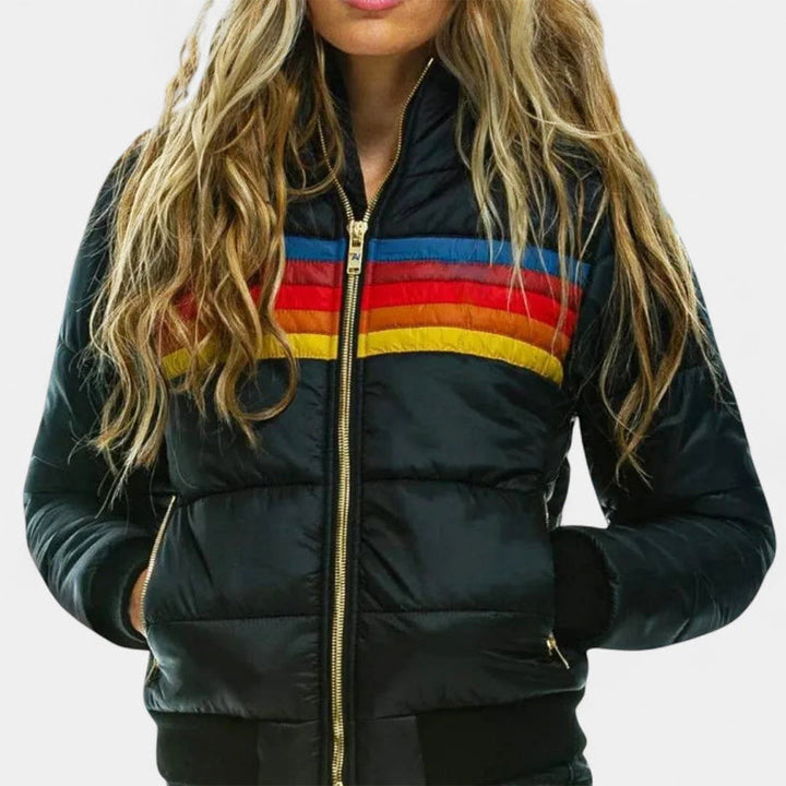 Claire | Womens Hooded Puffer Jacket Rainbow Stripes