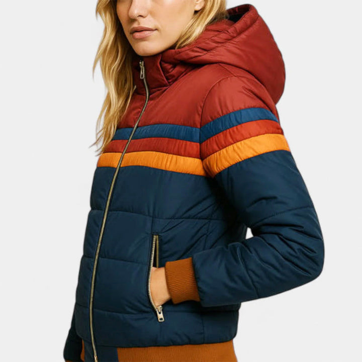 Claire | Womens Hooded Puffer Jacket Rainbow Stripes