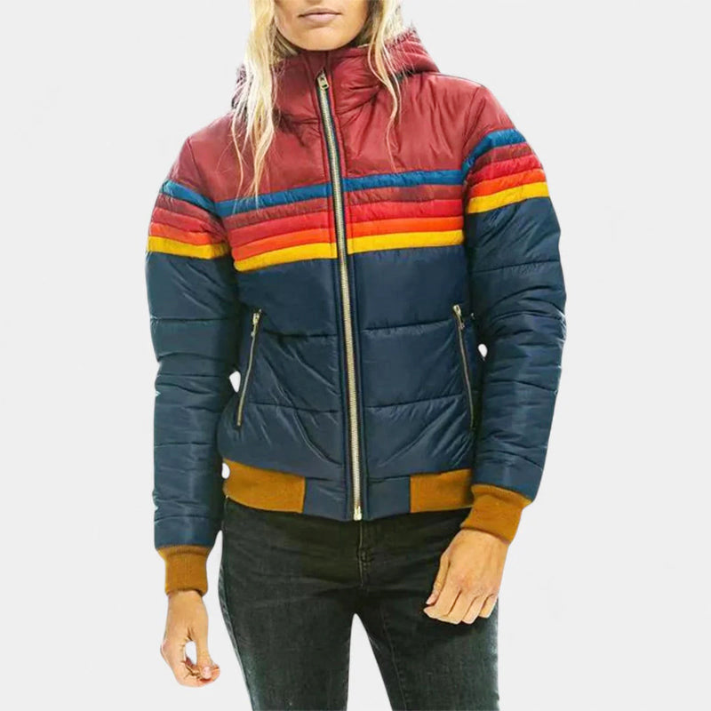Claire | Womens Hooded Puffer Jacket Rainbow Stripes