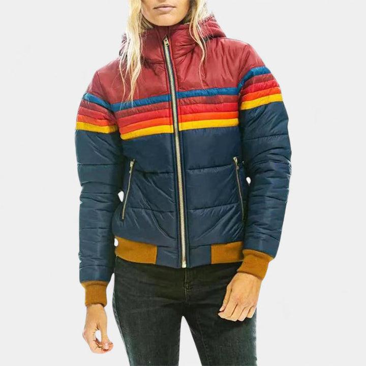 Claire | Womens Hooded Puffer Jacket Rainbow Stripes