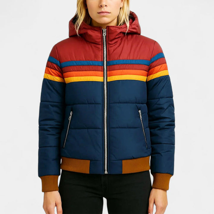 Claire | Womens Hooded Puffer Jacket Rainbow Stripes