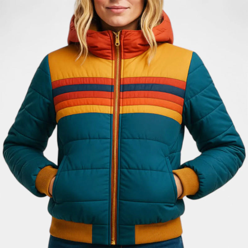 Claire | Womens Hooded Puffer Jacket Rainbow Stripes