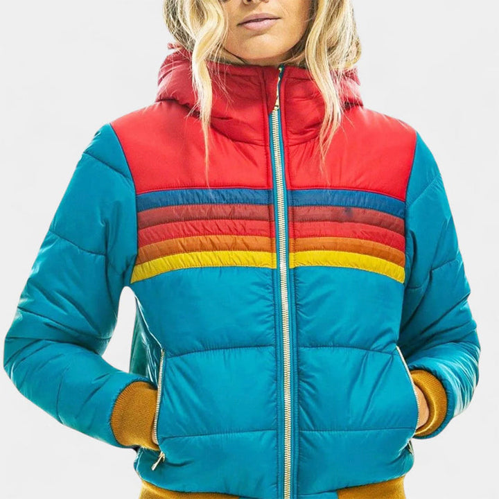 Claire | Womens Hooded Puffer Jacket Rainbow Stripes