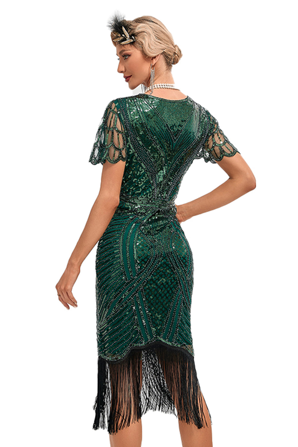 Womens sequin fringe flapper midi dress, view 2