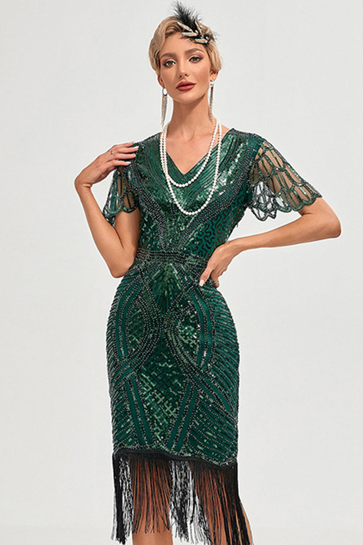 Womens sequin fringe flapper midi dress, view 3
