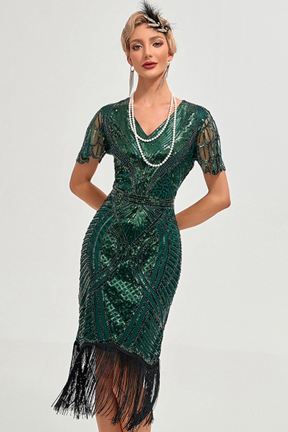 Womens sequin fringe flapper midi dress, view 1