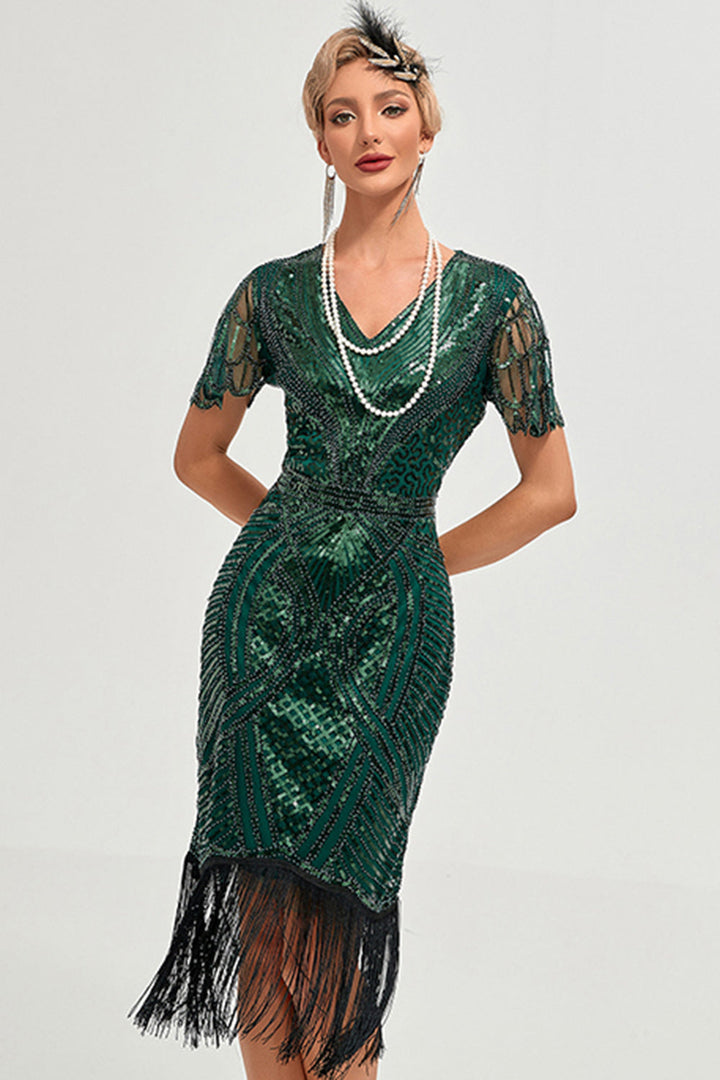 Womens sequin fringe flapper midi dress, view 1