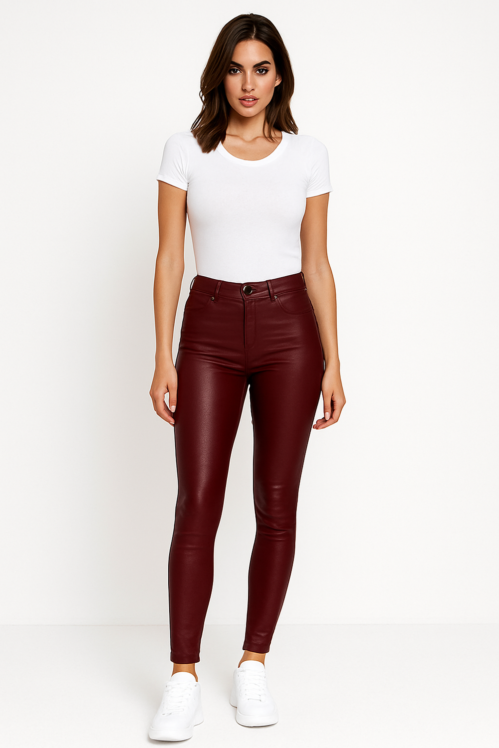 Womens high waist faux leather skinny trousers, view 2