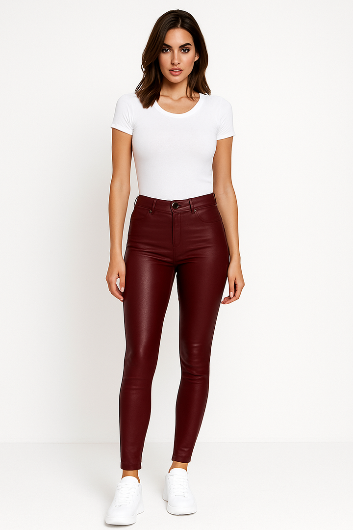 Womens high waist faux leather skinny trousers, view 2