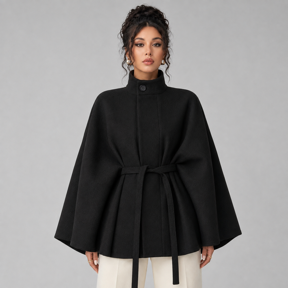 Womens belted cape coat, view 2
