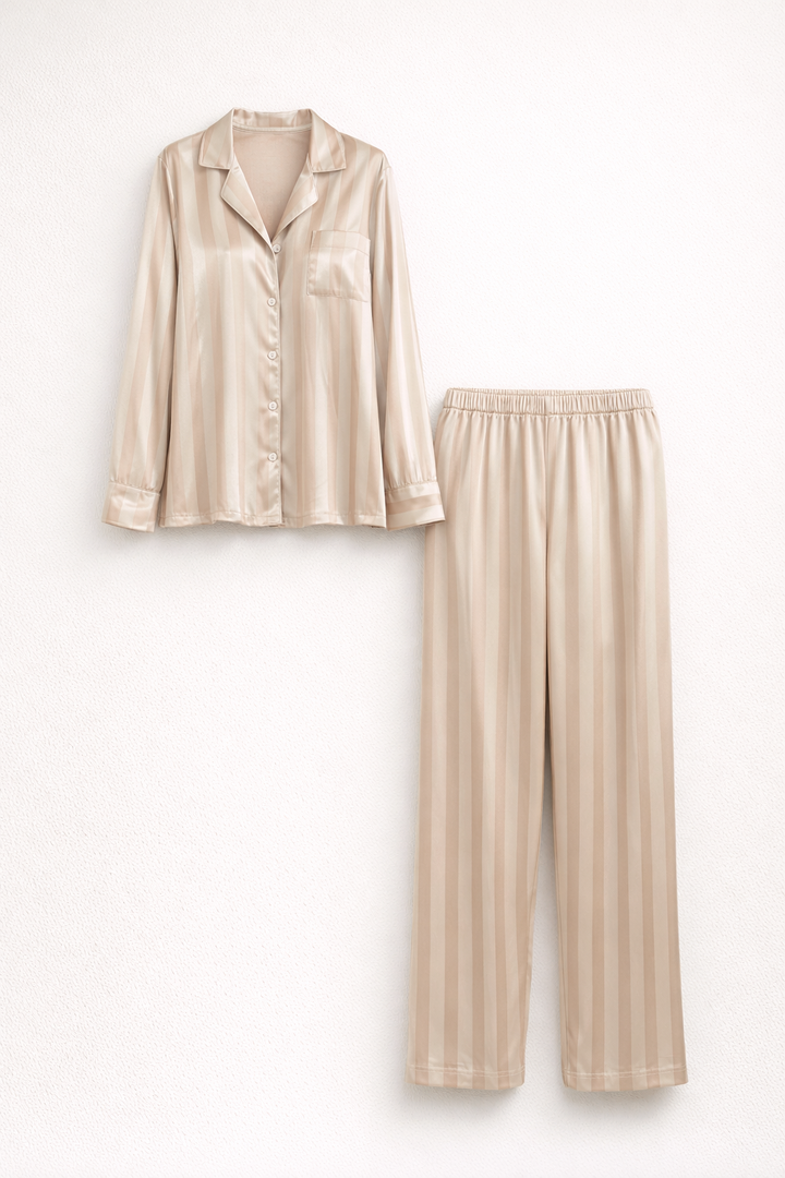 Womens satin striped pajama set long sleeve, view 8