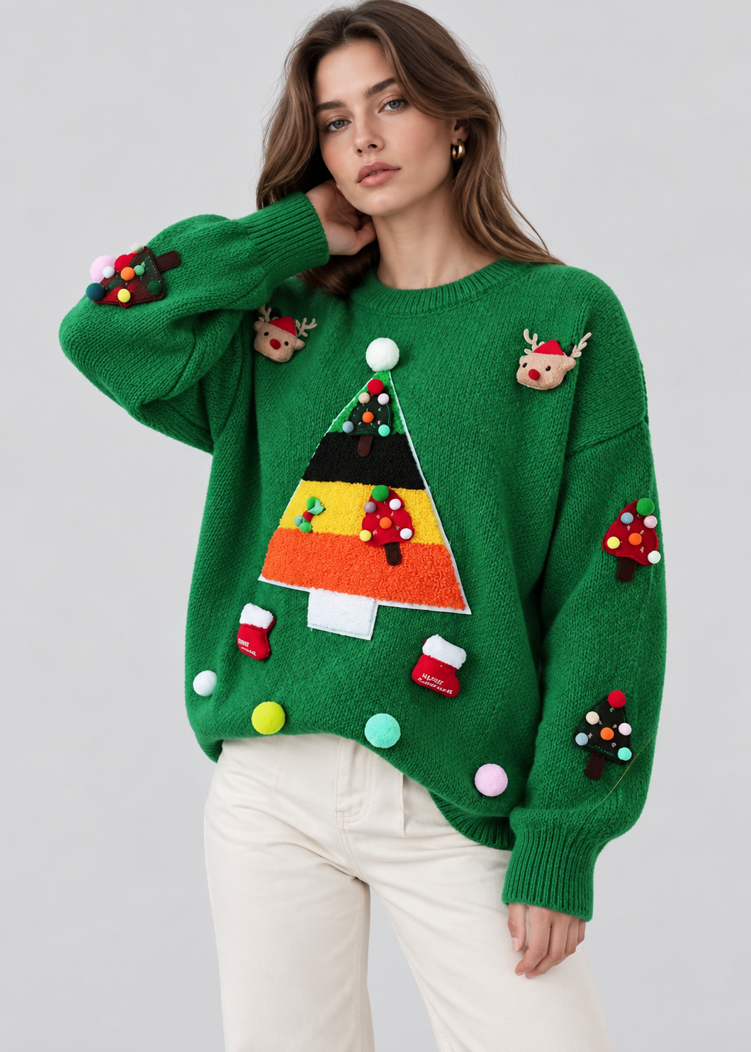 Finley | Christmas Applique Sweater Pom-Pom Reindeer Crewneck