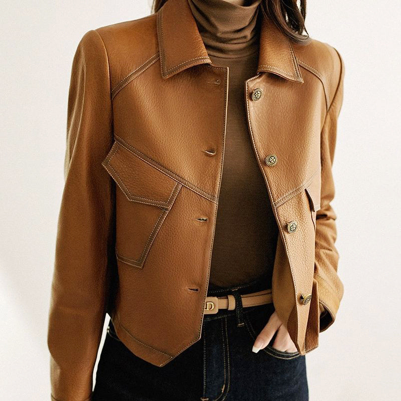 Ingrid | Button Front Fitted Cropped Faux Leather Jacket