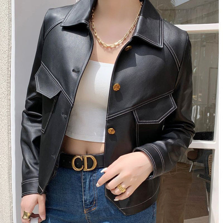 Ingrid | Button Front Fitted Cropped Faux Leather Jacket