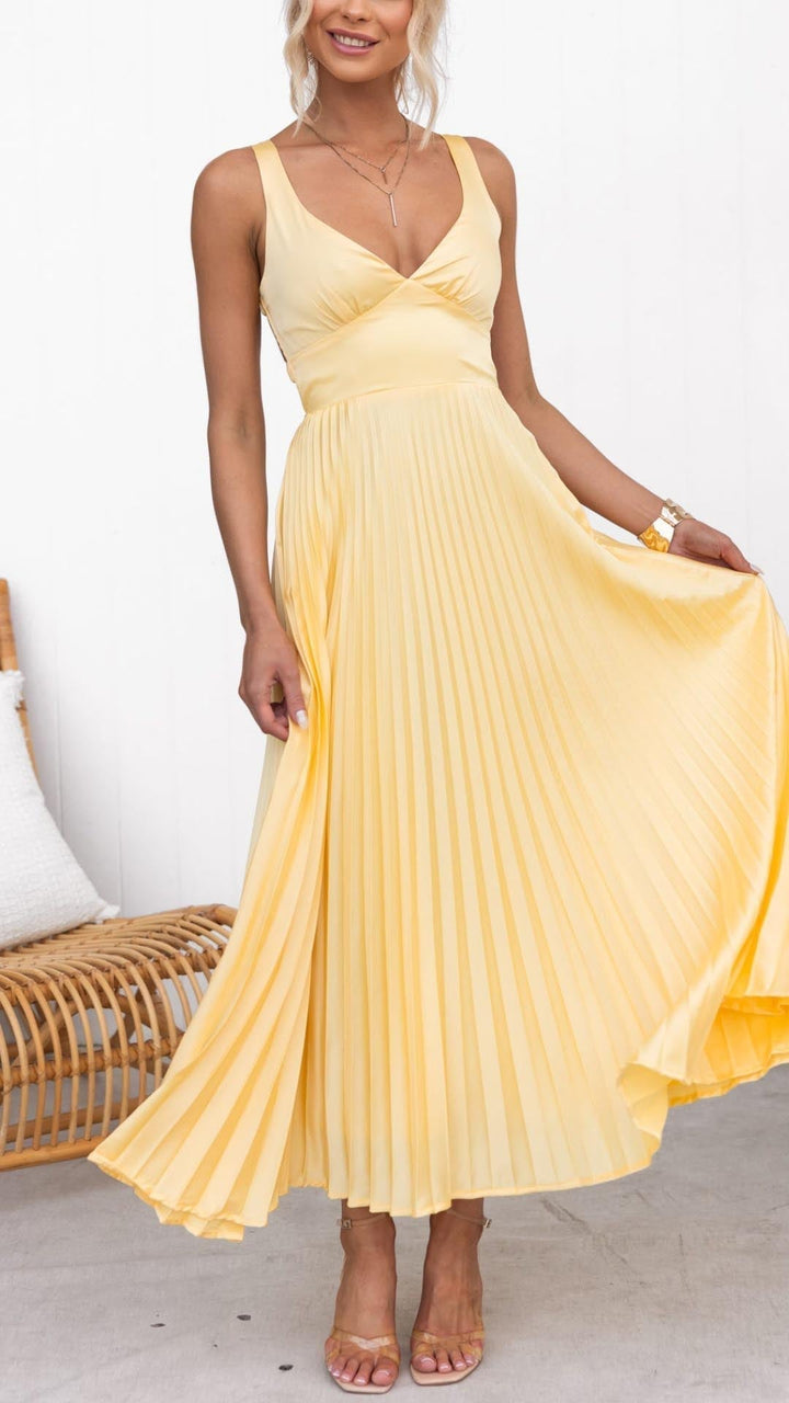 Gemma | Yellow Pleated Midi Dress for Women
