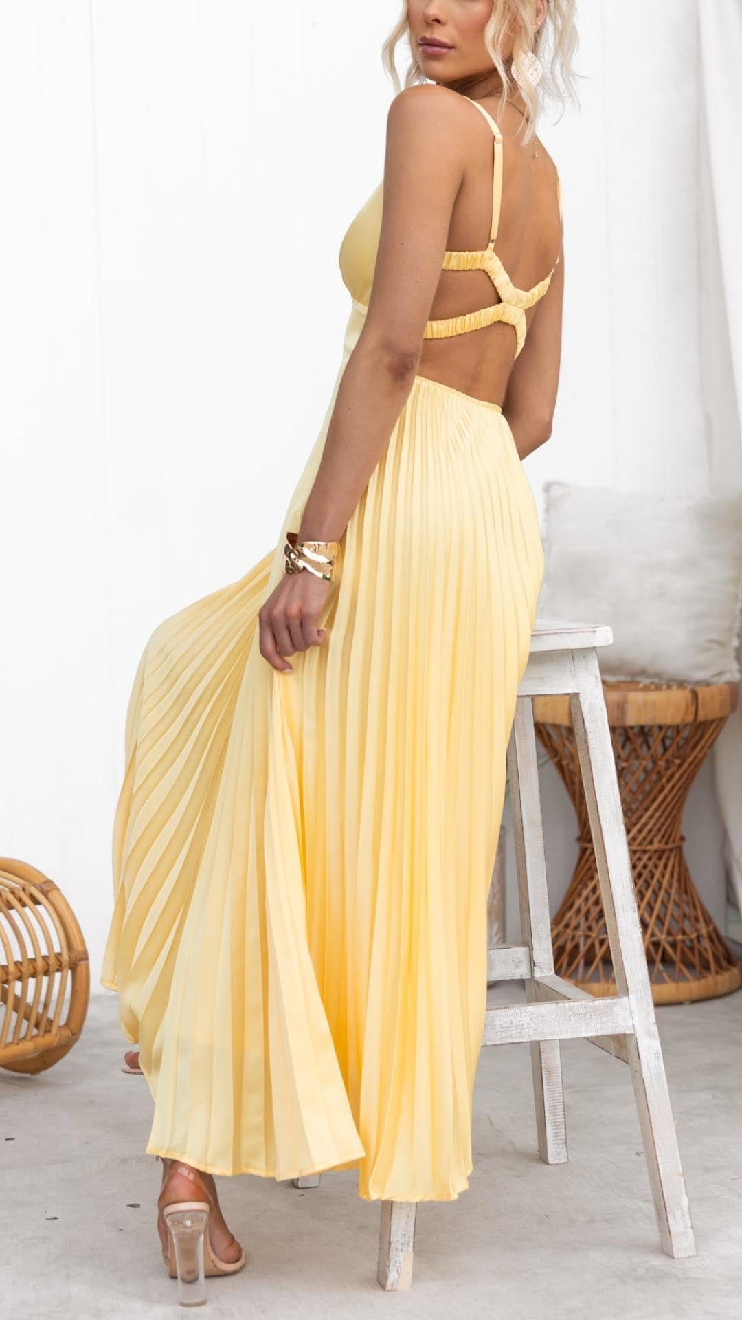 Gemma | Yellow Pleated Midi Dress for Women