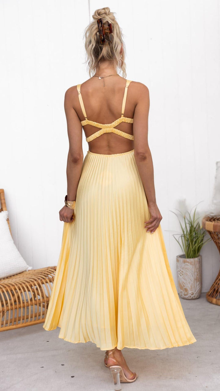 Gemma | Yellow Pleated Midi Dress for Women