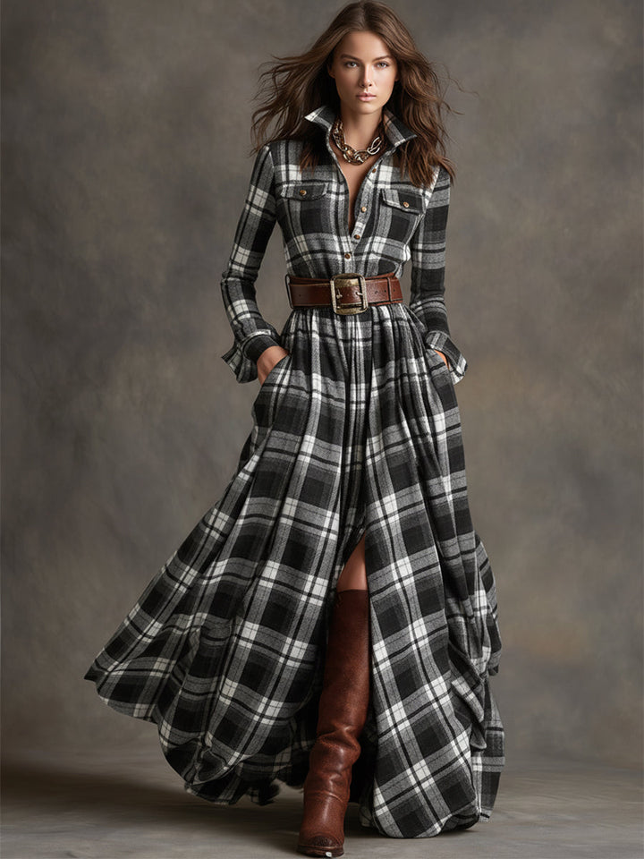 Womens plaid belted maxi shirt dress, view 11
