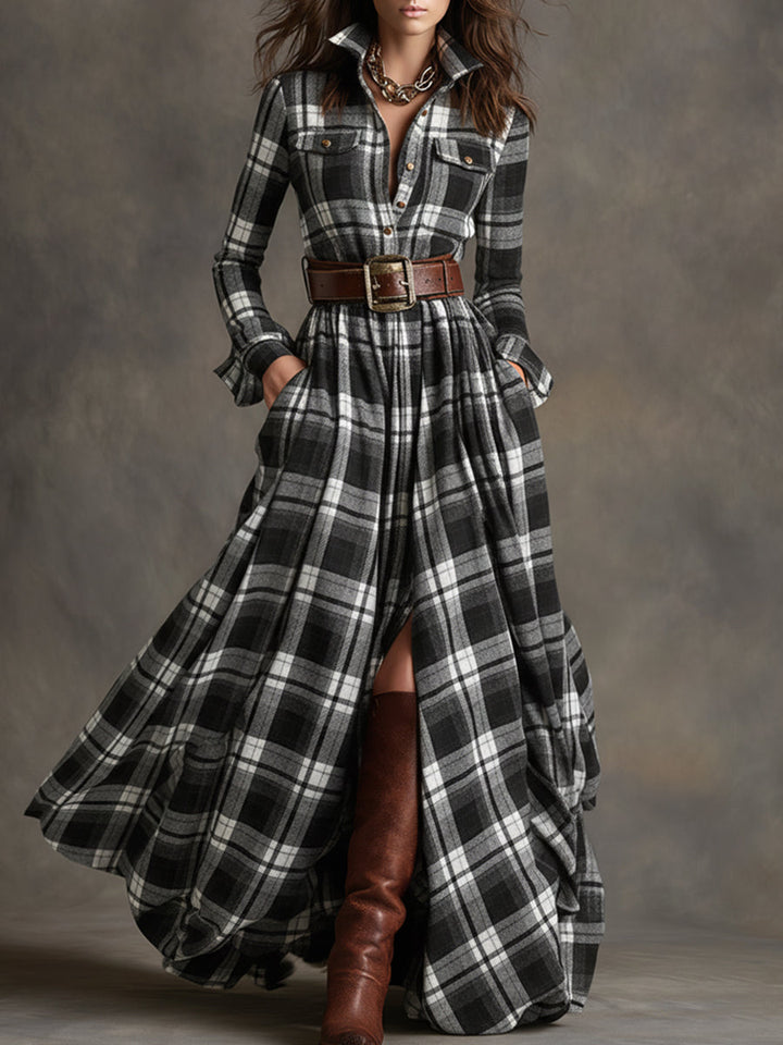 Womens plaid belted maxi shirt dress, view 5