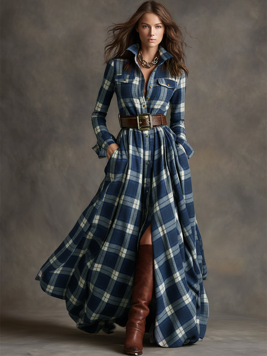Womens plaid belted maxi shirt dress, view 12
