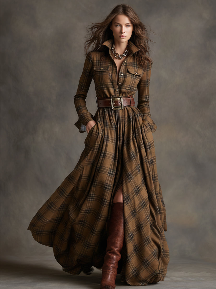 Womens plaid belted maxi shirt dress, view 13