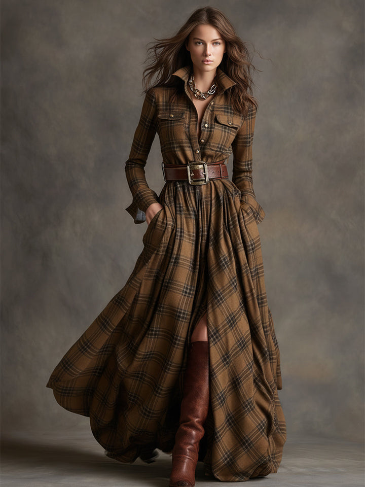 Womens plaid belted maxi shirt dress, view 13