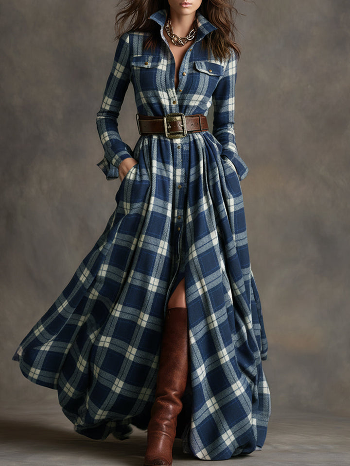 Womens plaid belted maxi shirt dress, view 4