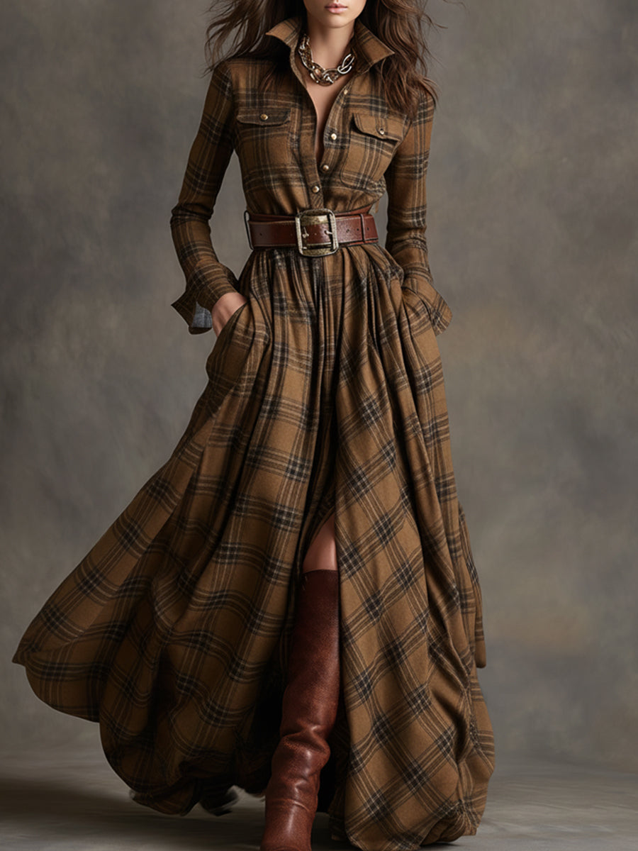 Womens plaid belted maxi shirt dress, view 3