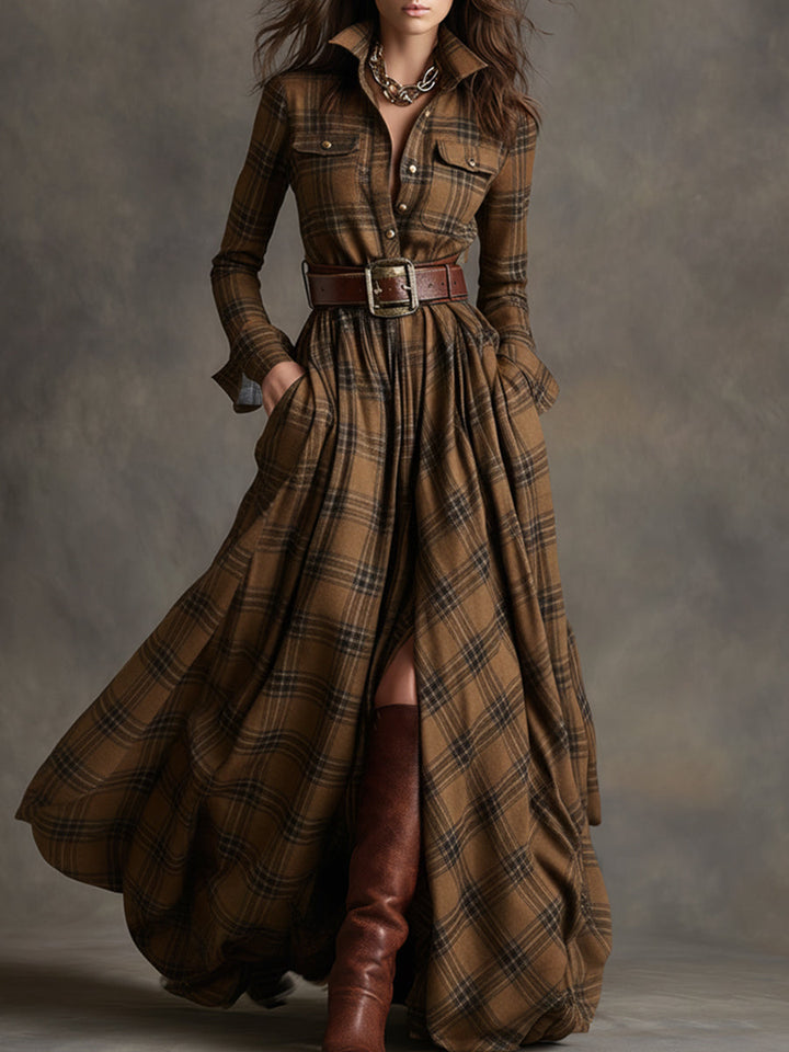 Womens plaid belted maxi shirt dress, view 3