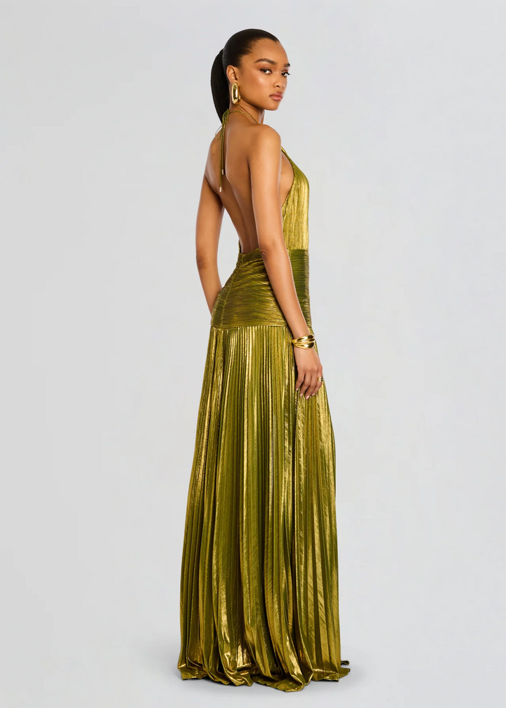 Kira | Gold Metallic Pleated Halter Maxi Dress