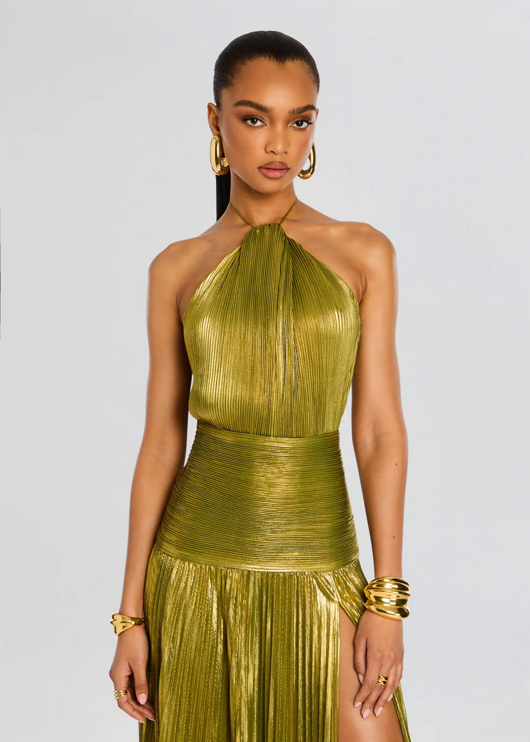 Kira | Gold Metallic Pleated Halter Maxi Dress