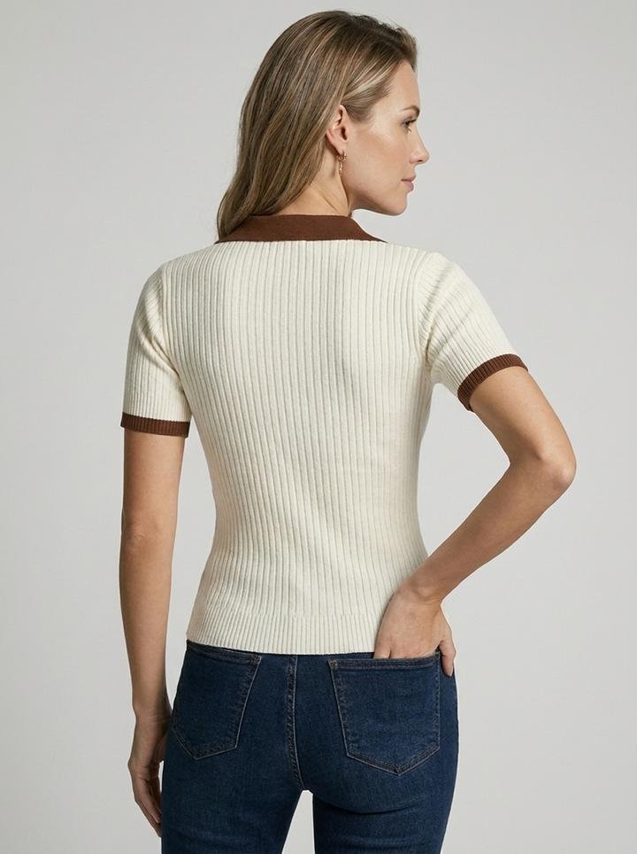 Kennedy | Fitted Off-White Polo Top with Contrast Collar