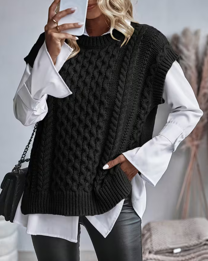 Womens cable knit sweater vest, view 3