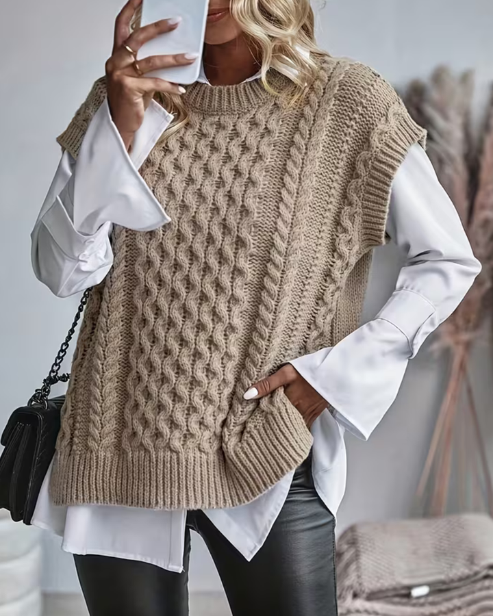 Womens cable knit sweater vest, view 2