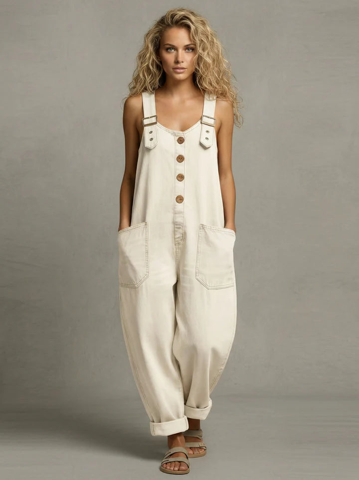 Womens sleeveless denim overalls jumpsuit, view 3