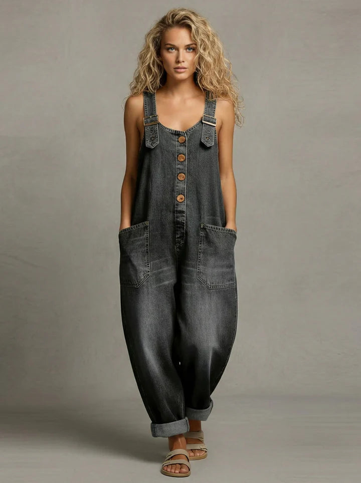 Womens sleeveless denim overalls jumpsuit, view 4