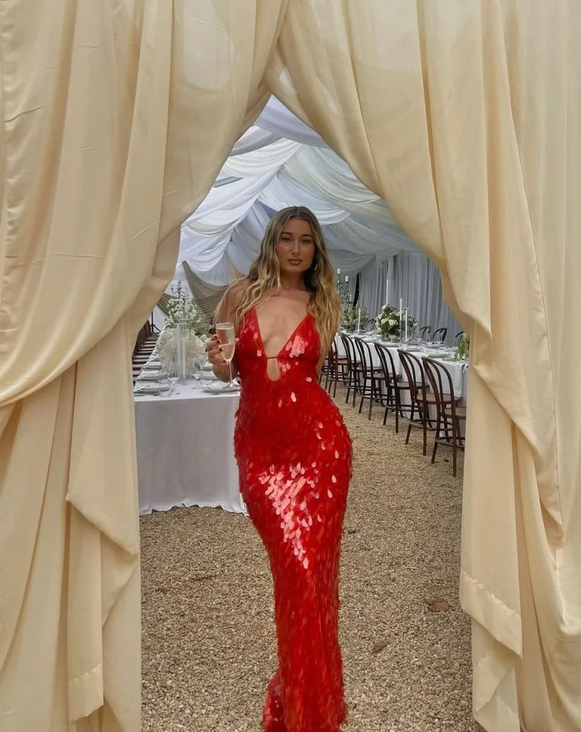 Mary | Red Sequin Prom Maxi Dress