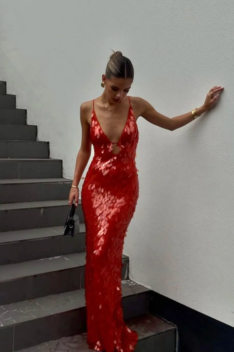 Mary | Red Sequin Prom Maxi Dress
