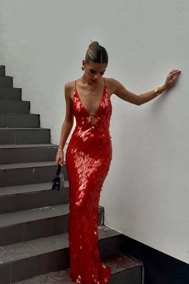 Mary | Red Sequin Prom Maxi Dress