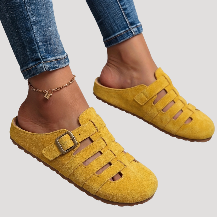 Thea | Faux Suede Cut-Out Buckle Clogs