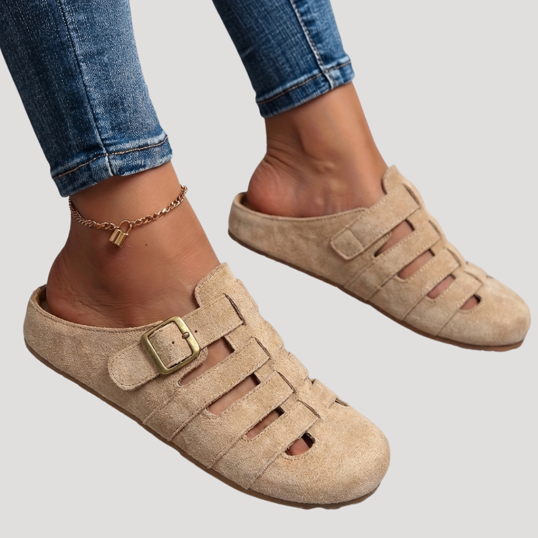 Thea | Faux Suede Cut-Out Buckle Clogs