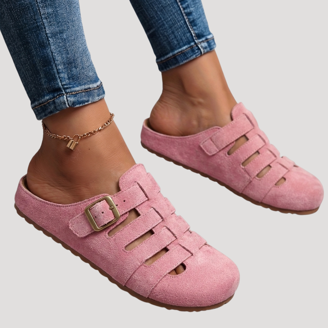 Thea | Faux Suede Cut-Out Buckle Clogs