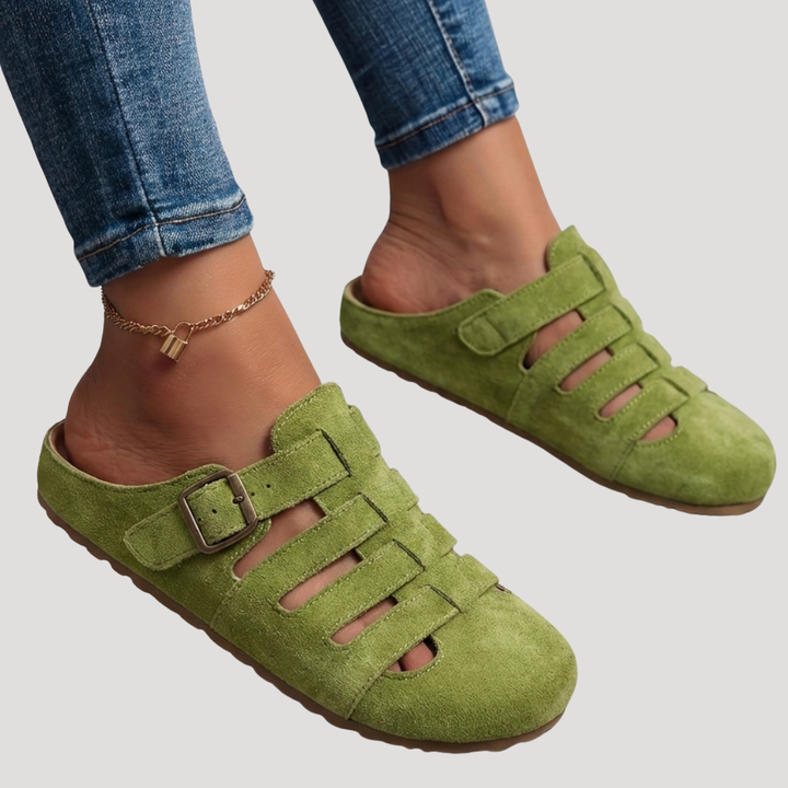 Thea | Faux Suede Cut-Out Buckle Clogs