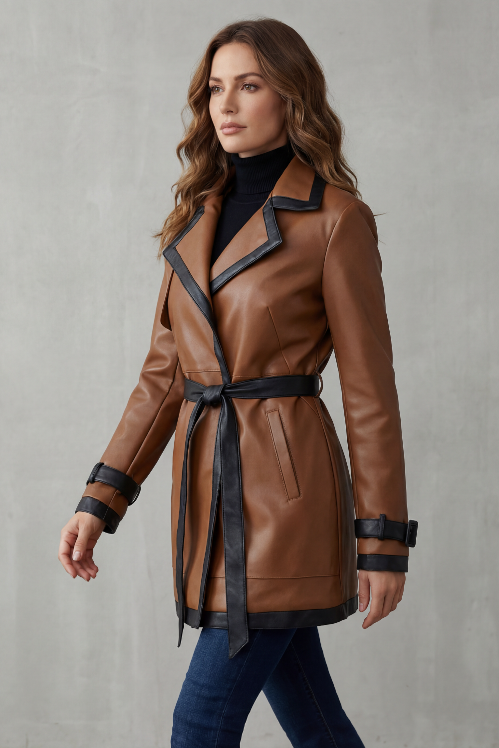 Juliet | Womens Faux Leather Belted Trench Coat