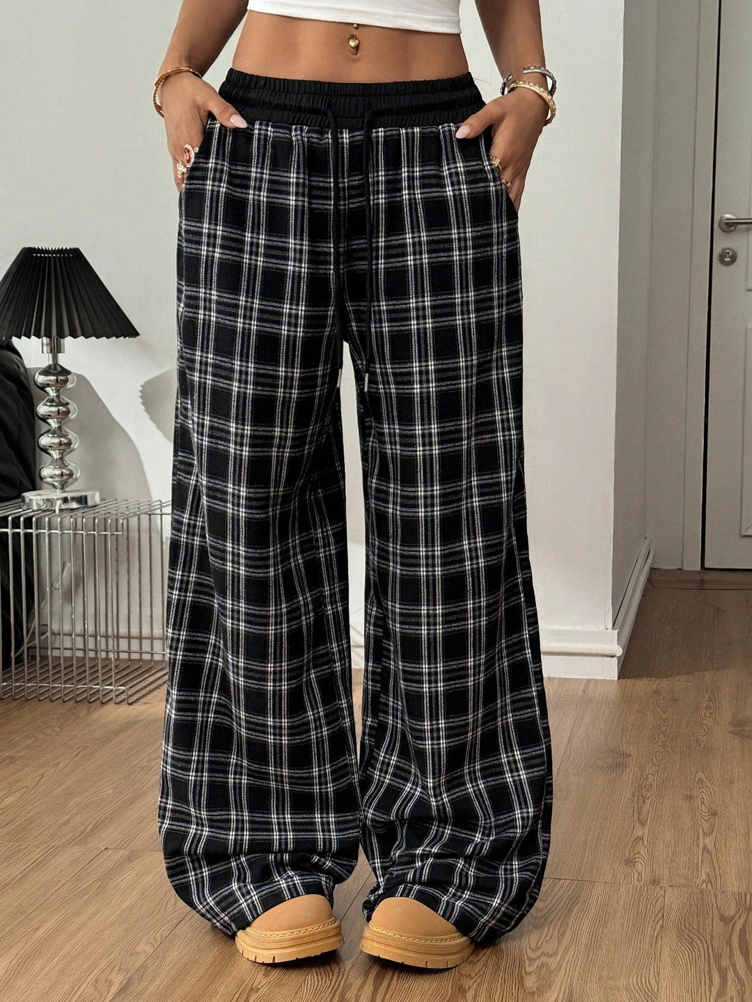 Paige | Wide Leg Checked Drawstring Pants
