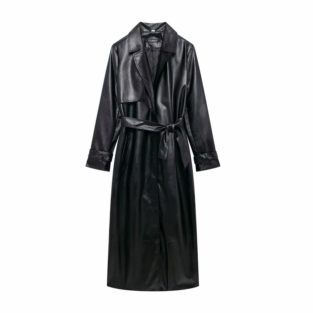 Maeve | Womens Wrap Belted Maxi Faux Leather Trench Coat