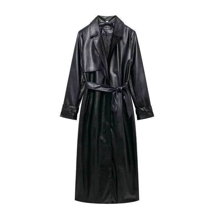 Maeve | Womens Wrap Belted Maxi Faux Leather Trench Coat