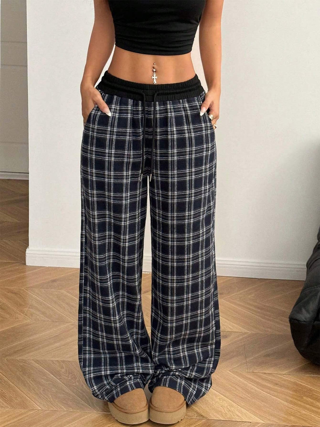 Paige | Wide Leg Checked Drawstring Pants